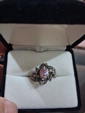 .925 Sterling Silver Marcasite 1 Carat Pink Topaz Statement Ring Size 7